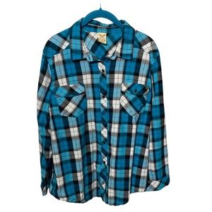Women’s Long Sleeve Button Down Turquoise Plaid Top
